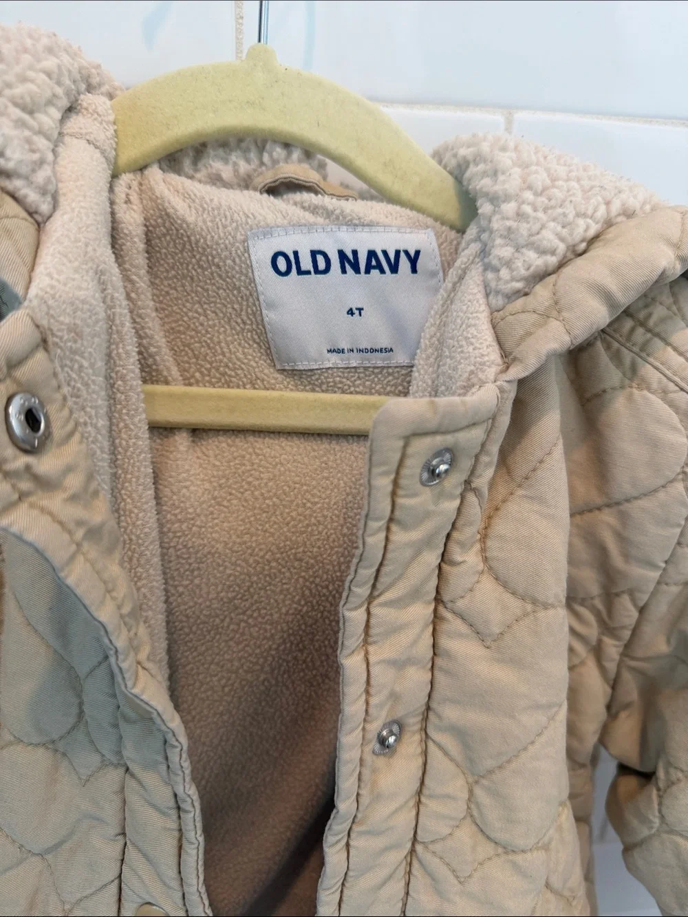 Old Navy Kids Quilted Hooded Puffer Jacket in Light Beige
